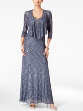 ALEX EVENINGS Sz 10P Maxi Dress & Jacket Slate Blue Lace Rhinestone Accent EUC